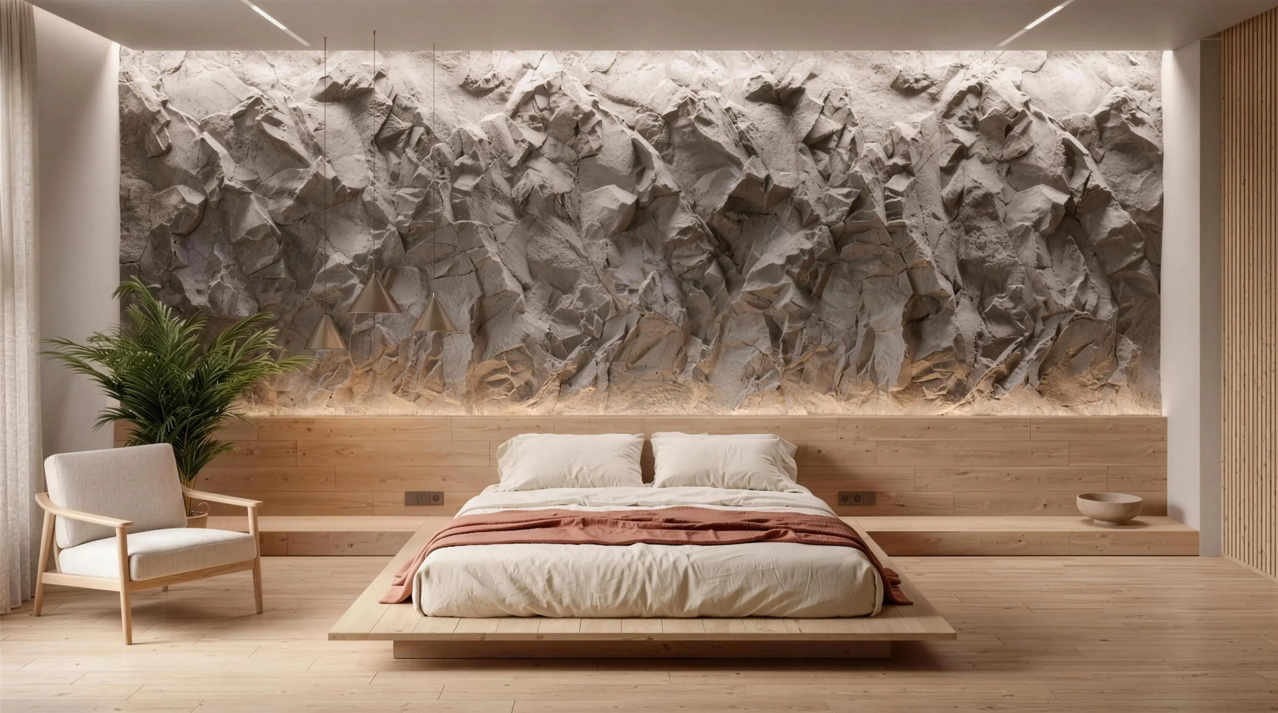 Bedroom interior with a sculptural rock relief wall above a wooden bed