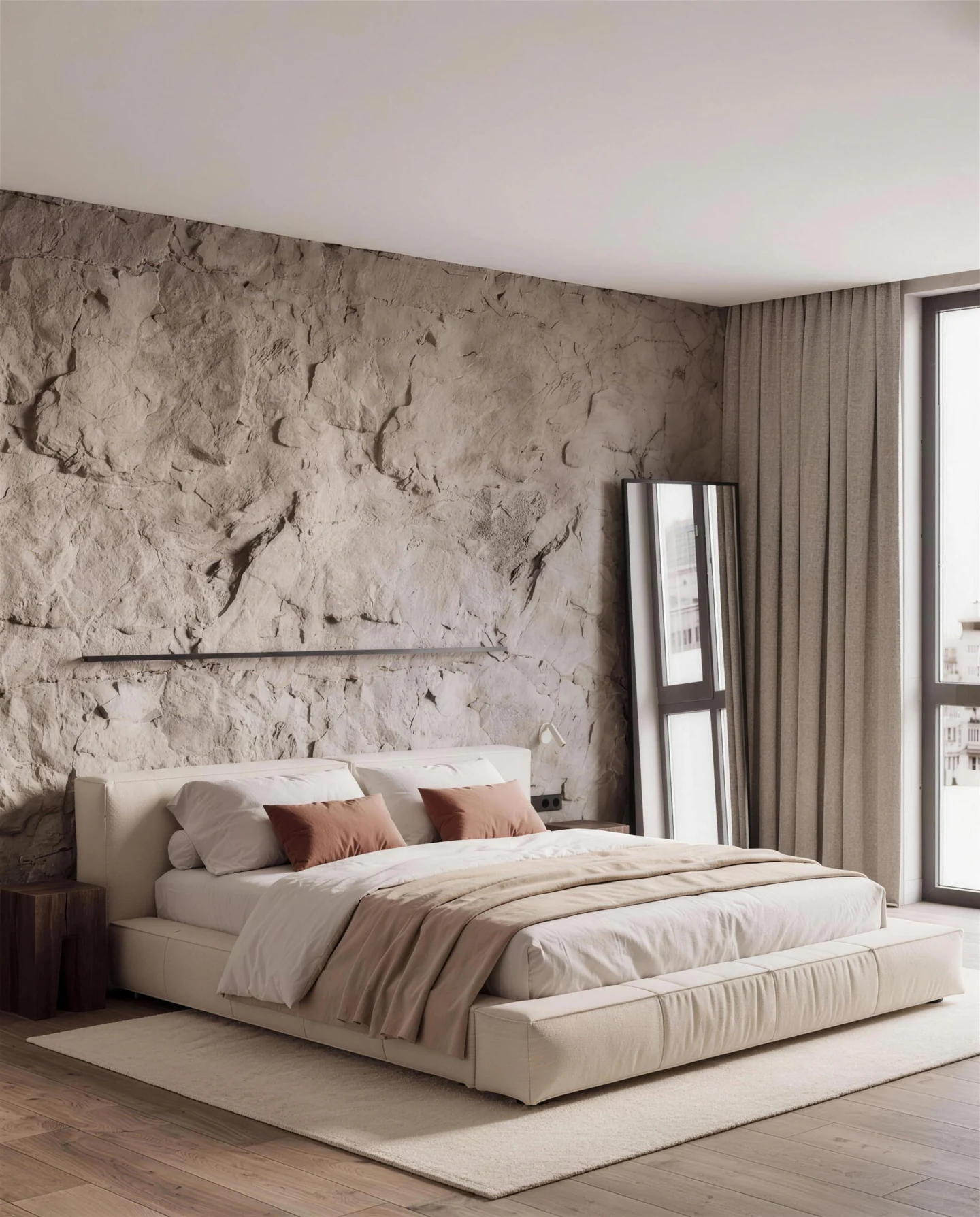 Light Wild Slate relief wall behind a bed in a softly lit interior